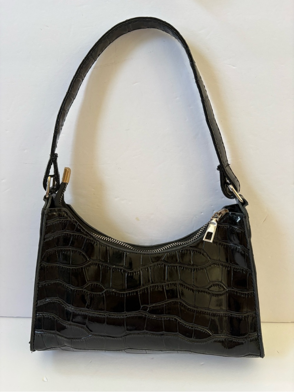 Black Faux Patent Crocodile Embossed Leather Baguette Bag Purse Baddie Party